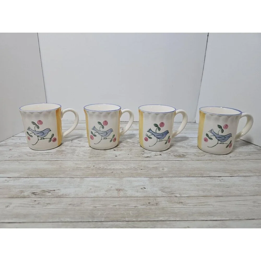 Lot of 4 Normandy MANN Mugs‎ Birds Floral Stoneware Rose Buds New with box